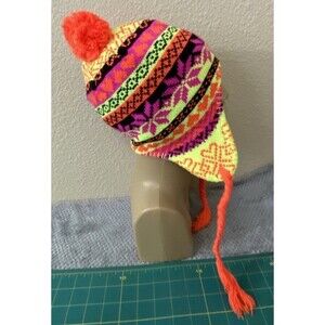Peruvian Chullo hat Neon Florescent Orange Pom